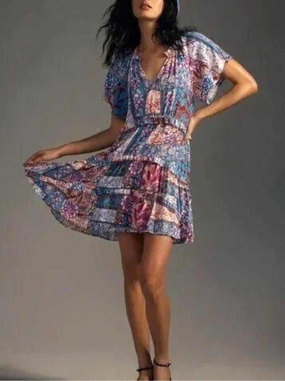 Anthropologie Robin Tiered Mini Dress Floral patchwork Size 2X Flowy Bohemian - Picture 3 of 13